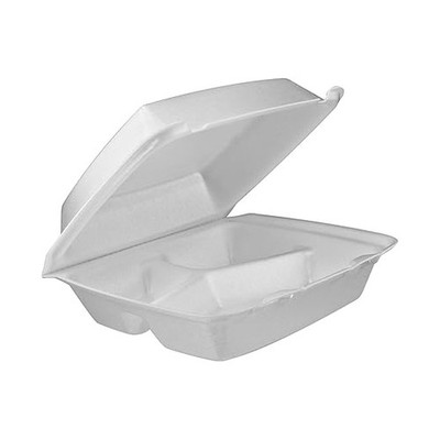 Triple Compartment Styrofoam Food Container w/ Perforated Hinge 8.5'' (200ct)