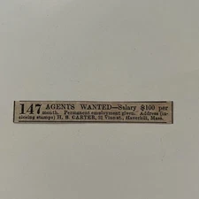 147 Agents Wanted $100 Per Month HB Carter Haverhill MA 1857 Clipping TAJ5-S32