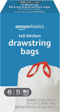 Trash Bags, Tall Kitchen Drawstring, Unscented, 13 Gallon, 45 Count, Pack of 1