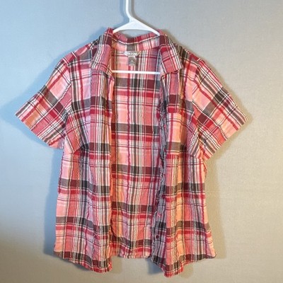 White Stag Pink Red Plaid Collared Button-Down Short Sleeve Women's Blouse 1X
