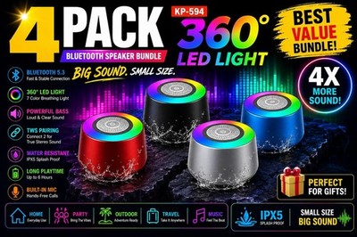 4er Pack Bluetooth Lautsprecher Mini Wireless LED Licht Bass TWS Wasserdicht