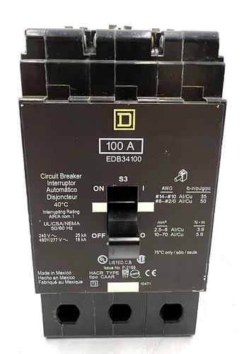 Square D EDB34100 Circuit Breaker 100A 3P 480V 3PH EDB 100 Amp 3 Pole Used