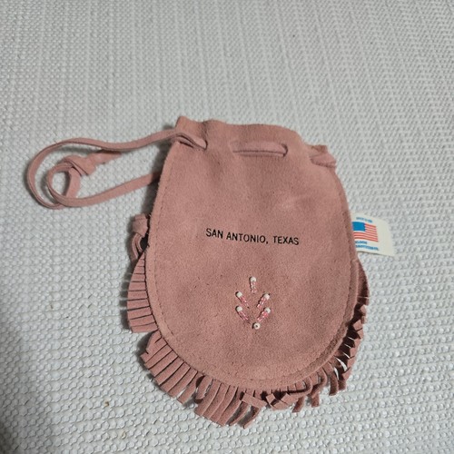 Vintage Handmade Leather Fringe Drawstring Bag Boho Suede Pink Native - Picture 1 of 5