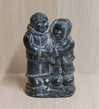A Wolf Original Inuit Couple Soapstone Sculpture 4 3/4" Handmade In Canada