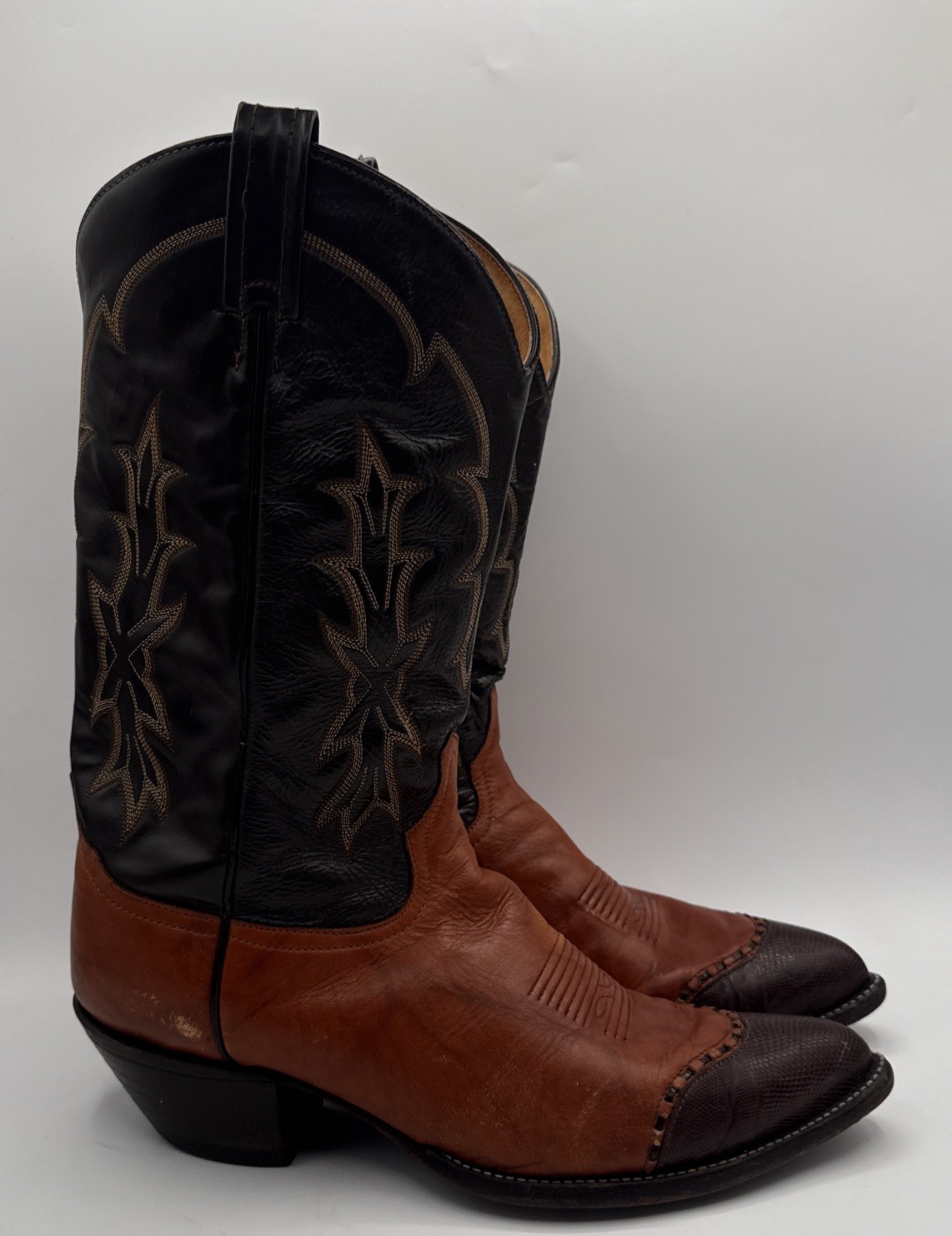 Vintage Men’s Tony Lama Cowboy Boots Two Tone Brown Lizard Wingtip Toe 11.5D USA