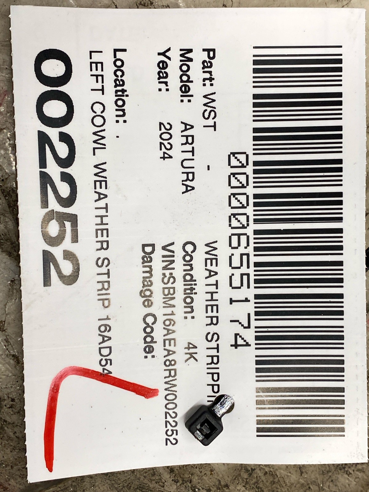 2024 MCLAREN ARTURA LEFT COWL WEATHER STRIP 16AD541CP OEM