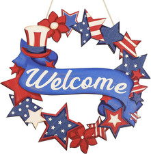 4Th of July Decorations Wooden Welcome Sign, Wooden American Flag Star Wreath, O