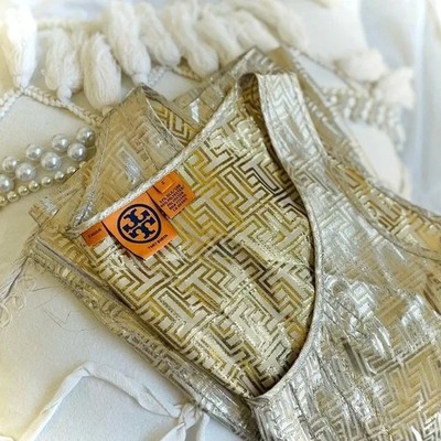 TORY BURCH | S / 2 | Gold Metallic Silk Monogram Side Zip Tank Top MSRP$149