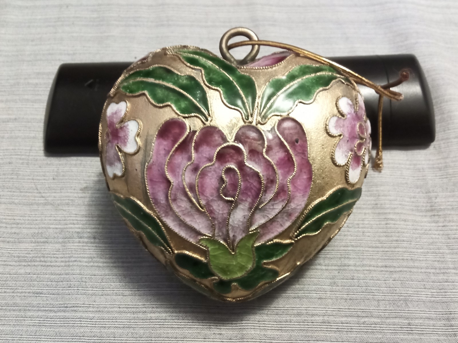 Vintage Cloisonne Enamel Floral Design Puffy Heart Ornament Golden Pink Green