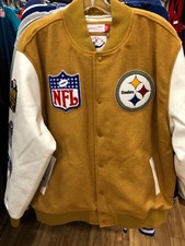 PITTSBURGH STEELERS NFL DUSTED VARSITY JACKET MENS VINTAGE LOGO MITCHEL  NESS