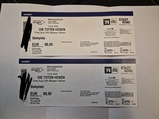 Die Toten Hosen Hannover Konzert 15.08.2026 2 Tickets Stehplatz