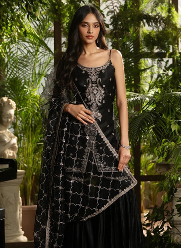 Black Embroidered Satin Velvet Gharara (small)