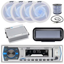Pyle PLMRB29W Stereo Receiver, 4x 4'' 100W Blue LED Speakers, Amp, Accessories