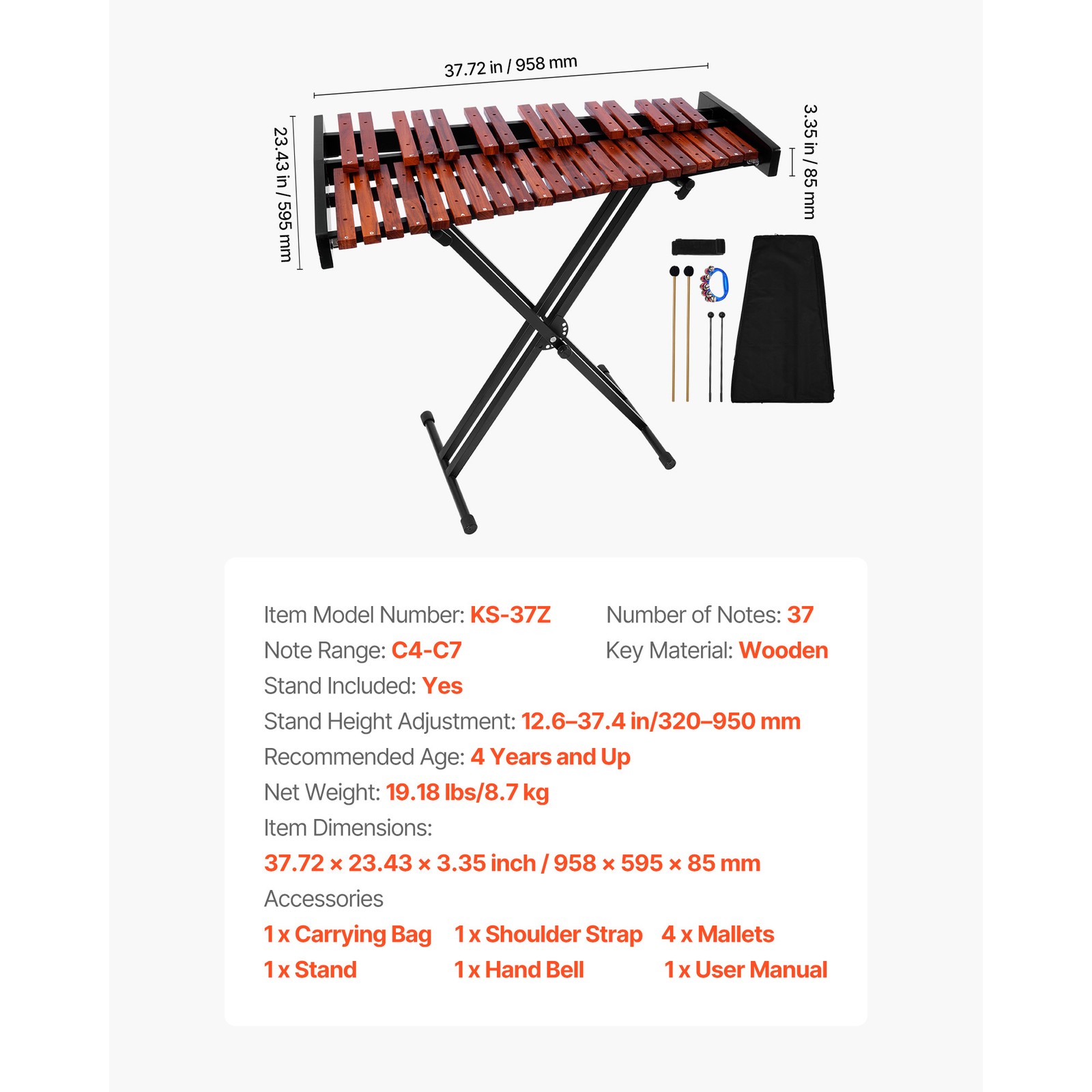 Uimoso 37-Note Glockenspiel Xylophone with Wooden Frame and Adjustable Stand