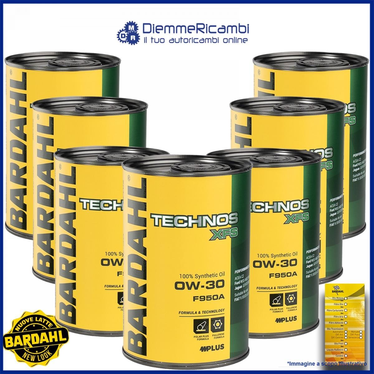 Kit 7 LT OLIO MOTORE BARDAHL TECHNOS XFS F950A 0W30 + Tagliando Adesivo 7lt