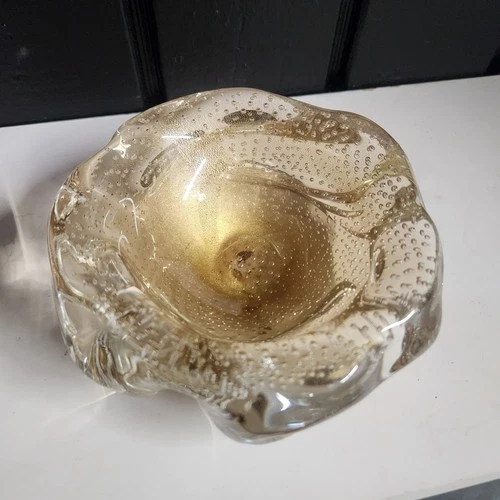 Vintage Murano Style Bullicante Art Glass Bowl Gold Flecks 5” Italy Ashtray