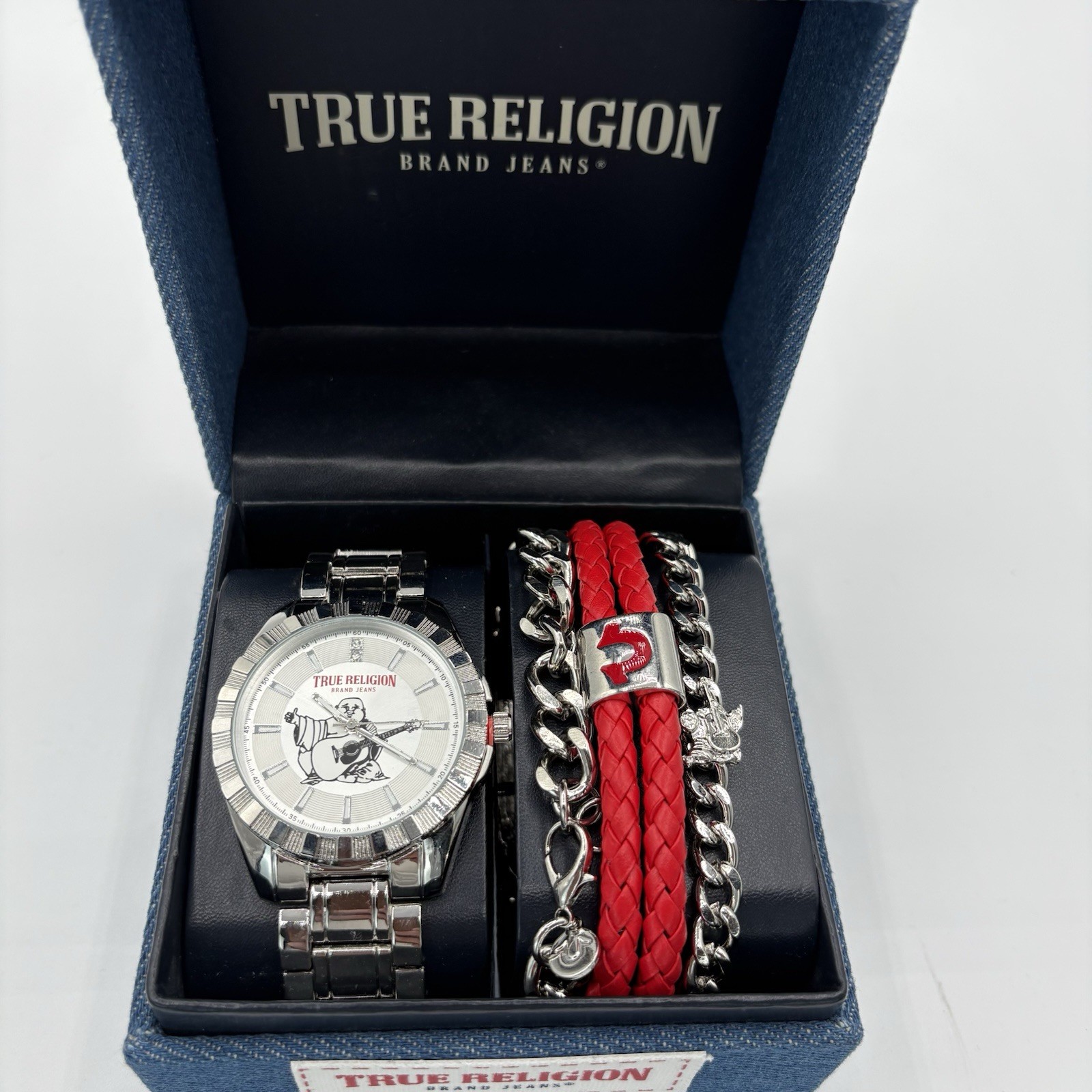 True Religion Men's Watch With Bracelets Set Stainless Buddha Playing Guitar New