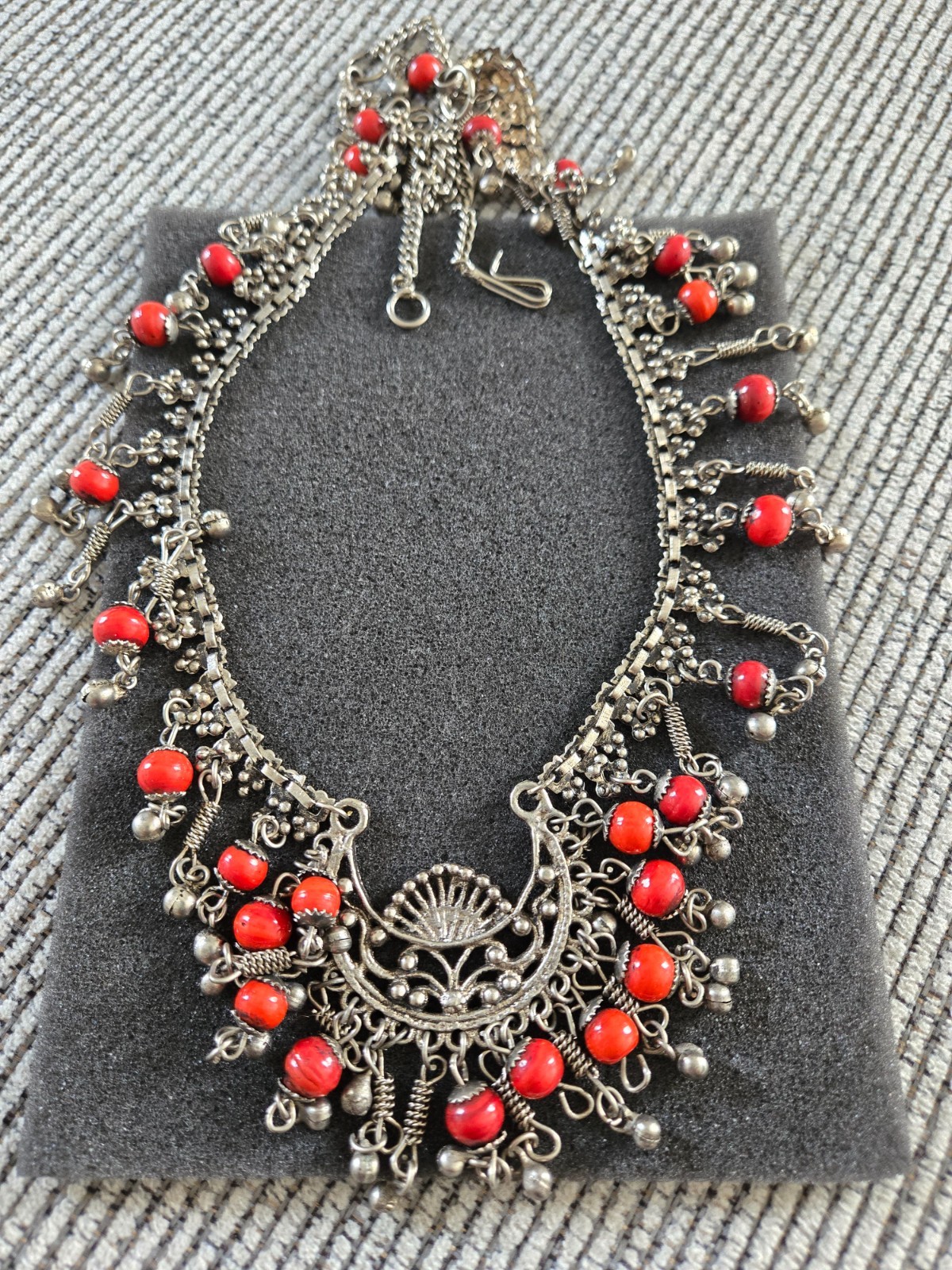 VintageStatementNecklaceSilverMetalwithCoralBeadsDangleCharms-Jingle