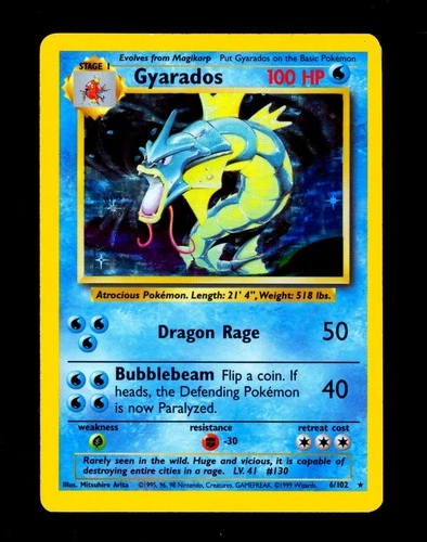 1999 Pokemon GYARADOS Base Set HOLO RARE Unlimited Edition Card 6/102 WotC EX