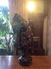 Antique Early 20th Century Chinese Hand Carved Wooden Figure Fisherman Lamp