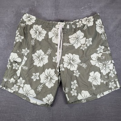 Ocean Pacific OP Mens Green Floral Hibiscus Cargo Swim Trunks 3XL 48-50