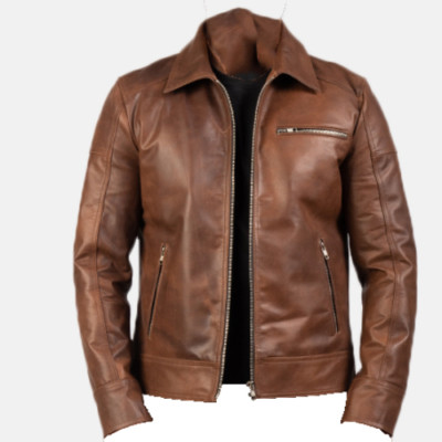 Men's Genuine Sheepskin Leather Jacket Vintage Brown Motor Biker Café Racer Coat