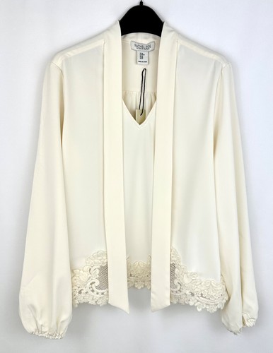 Rachel Zoe Ivory Top Embroidered on Hem Elegant Balloon Sleeves Size M - Picture 3 of 14