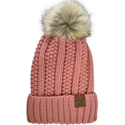 C.C Beanie Pastel Thick Cable Knit Faux Fuzzy Fur Pom Fleece Lined Cuffed Cap - Picture 28 of 47
