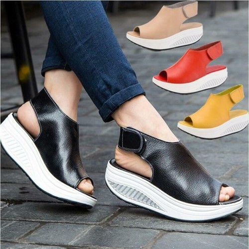 Fashion Women Thick Bottom Leather Casual Sandals Swing Peep-Toe Slingback Shoes