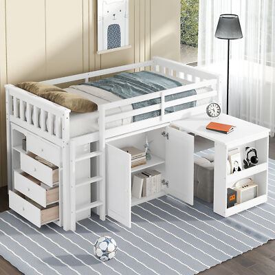 Twin Loft Bed With Storage Cabinet/Drawer/Shelf Cabinet/Pulling-Out Desk White