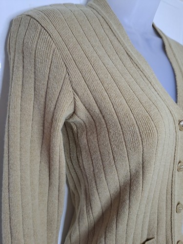 Cardigan donna vintage Rodier Paris lana a costine scollo a V cammello taglia 3 UK 6 - Foto 3 di 10