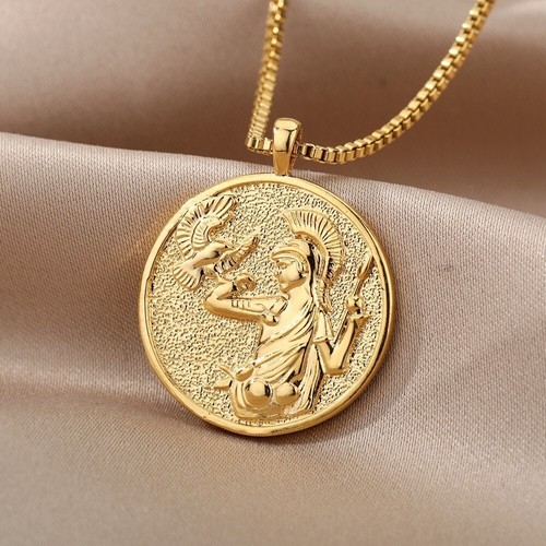 Collar colgante de monedas de oro 18 quilates mitología griega, oro diosa atenea para mujer