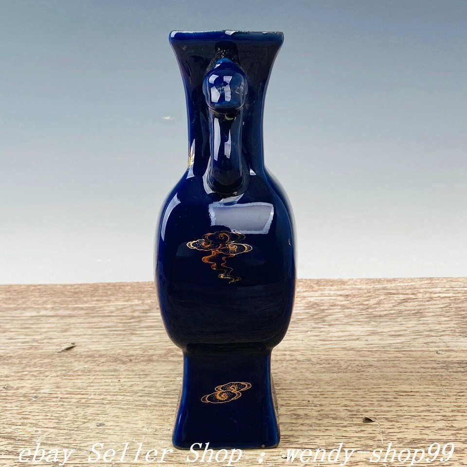 9" Old Chinese Dynasty Guan Kiln Blue Glaze Porcelain Gilt Dragon