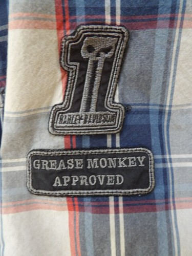 Harley Davidson Grease Monkey Approved Blue Plaid Patch SS Snap Button Sz L - Picture 5 of 8