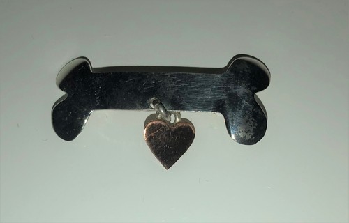 Silver Tone Dog Bone Pin with Dangling Rose Colored Metal Heart Mexico - Picture 4 of 4