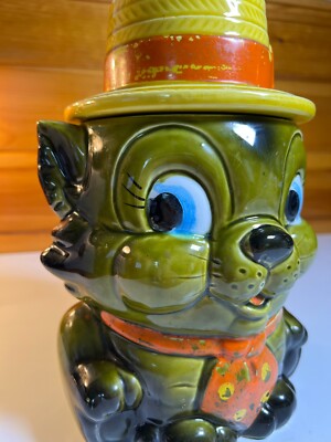 Vintage 1950s Japan Cookie Jar Anthropomorphic Green Cat w Top Hat