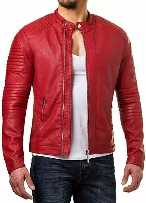 Real Festive Leather Stylish Biker Slim Men Lambskin Fit Motorcycle Red Jacket