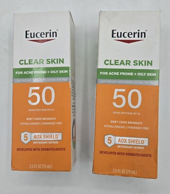(2) Eucerin Sunscreen Clear Skin SPF 50 Face Lotion Acne Ex 09/2025