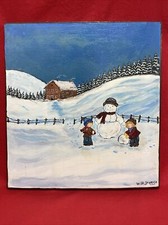 Hand Painted Winter Scene On A Square Wooden Back Ground Kids Snowman Barn Snow