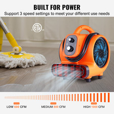 Floor Blower Carpet Dryer 1/4HP 3-Speed Air Mover Fan 1000CFM 4 Angles