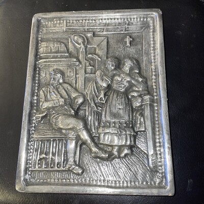 Antique Metal On Chalkware 3D Art,Old Eastern European Scene