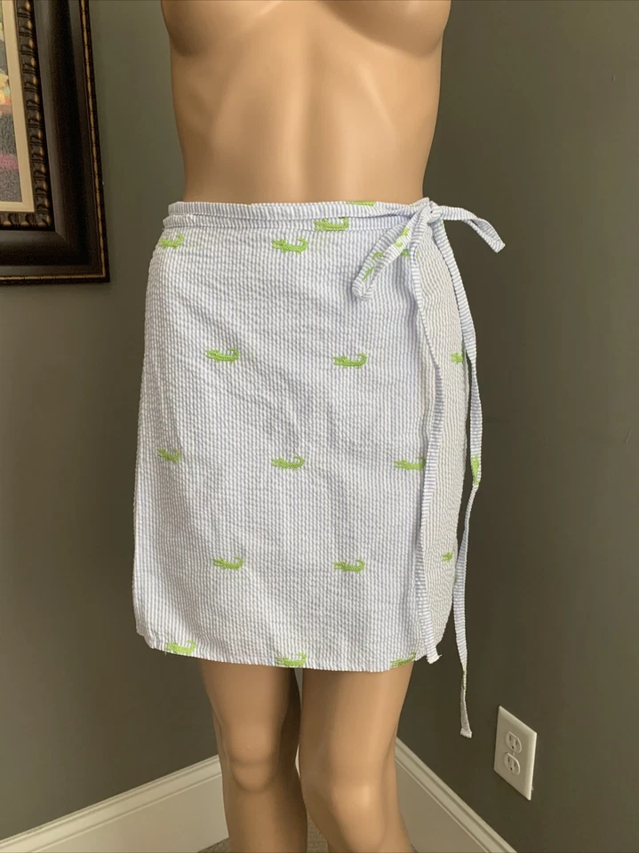 Falda envolvente Lolly Wolly Doodle talla XS cocodrilo bordado azul Seersucker Foto 2 de 4