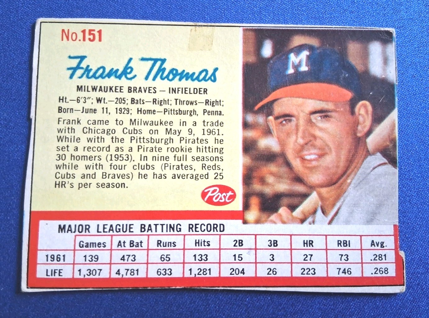 1962 Post Cereal Hand Cut Frank Thomas Milwaukee Braves #151