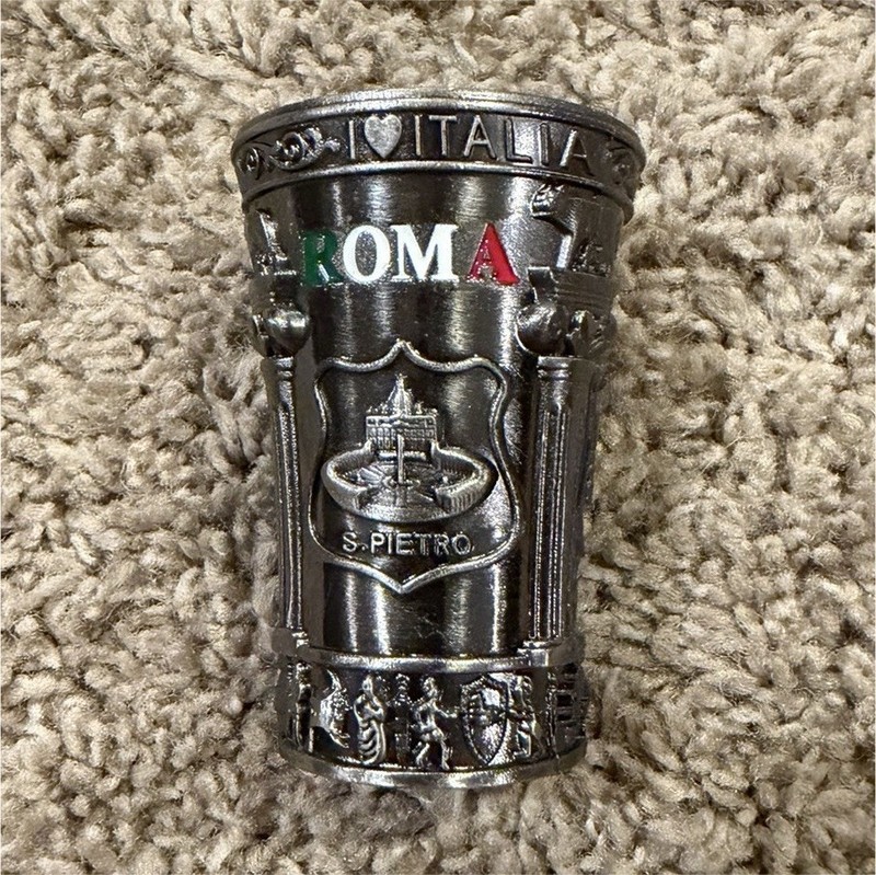Roma Italy Souvenir Metal Shot Glass, Embossed Raised Design, Silver