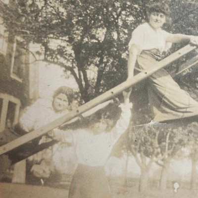Vintage Snapshot Photo Affectionate Teeter-Totter Girls