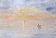original watercolor painting ACEO Sunset sea evening sky rural river Boat SIBY