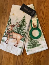 "  WINTER DEER" kitchen towels with crochet towel ring holder (3pcs set)