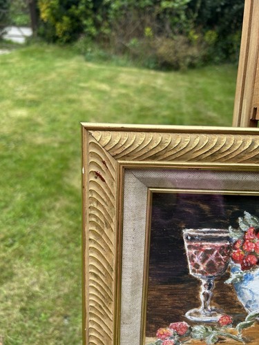 Vintage Framed Oil On Board Wine & Strawberries Food Fruit Painting Gold Frame - Picture 5 of 6