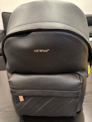 Off-White Black Men's Designer Backpack w/ Logo Straps, Zip Closure, Pocket