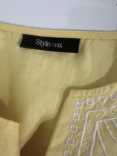 Style & Co. women L tunic Yellow white embroidery scoop-v-neck ties 3/4 Sl Boho - Picture 2 of 10